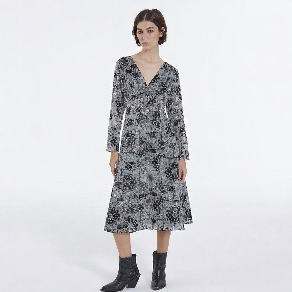The Kooples Size XS Black Bandana Print Long Sleeve Midi Dress V-Neck NWT $375
